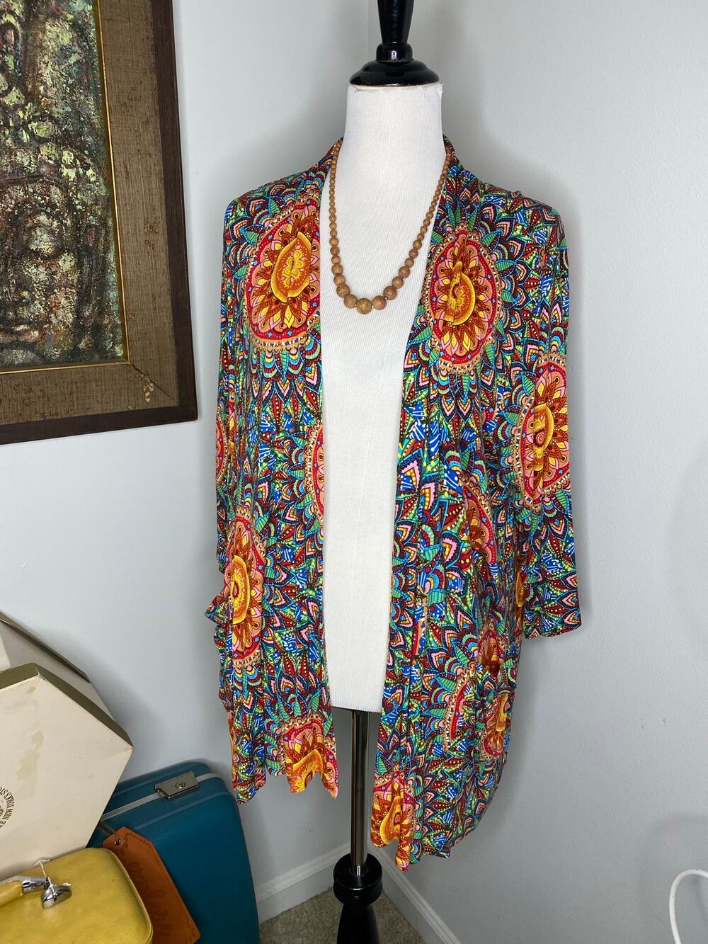 HIYIYEZI Women’s XL Boho Mandala Print Open Front Cardigan 3/4 Sleeve Pockets